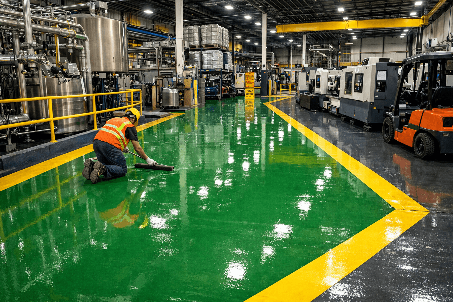 Đơn Vị Thi Công Sơn Epoxy Uy Tín Tại Đồng Nai 2 Thợ kỹ thuật đang xử lý chi tiết bề mặt sơn epoxy sàn công nghiệp Đồng Nai.